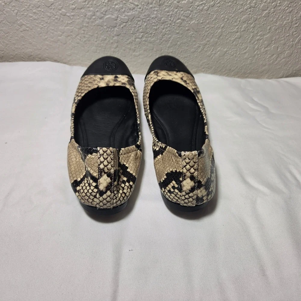 Tory Burch Minnie Snake Embossed Leather Ballet Flats Black Cap Toe 9.5M 7149